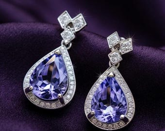 Pendientes colgantes de tanzanita en forma de pera, de estilo atemporal, en plata bañada en oro de 14 quilates. Joyería de lujo para regalar.