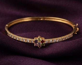 Handmade Multicolor Gemstone Bangle in 14K Gold Plated Silver, Dainty Flower Wedding Gift