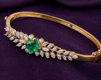 Bracelet jonc floral taille princesse émeraude pour femme en argent plaqué or 14 carats, cadeau d'anniversaire pour elle