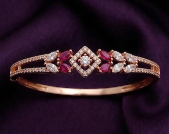 Elegant 14k Gold Plated Silver Ruby & Diamond Marquise Floral Art Deco Bangle Bracelet
