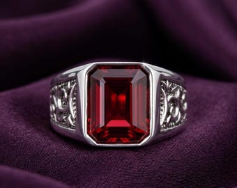 Chevalière fait main en argent plaqué or 14 carats taille émeraude rouge grenat pour homme