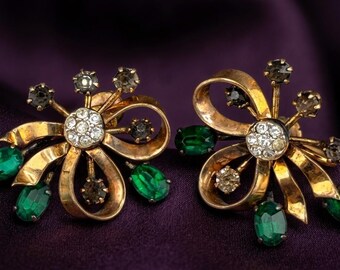 Boucles d'oreilles florales avec nœud en argent plaqué or 14 carats, vert émeraude et diamant