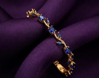 Élégant bracelet en argent plaqué or 14 carats et saphirs bleus profonds - Cadeau de mariage Feuille florale marquise