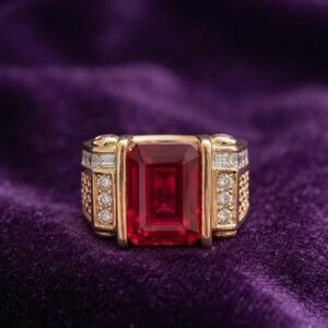 Emerald Cut Red Ruby Men's Statement Ring in 14k Gold Plated Silver Anniversary Gift