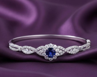 Handmade Round Blue Sapphire Pave Diamond Halo women's Bangle Bracelet 14k Gold Plated
