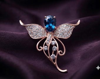 Elegant Blue Sapphire 14K Gold Plated Silver Brooch Pin Wedding Gift For Her