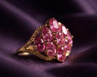 Pink Sapphire Cluster Ring Vintage Statement Ring 14K Gold Plated Silver Engagement Gift