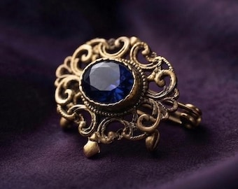 Vintage Blue Sapphire Ring in 14K Gold Plated Silver, Ornate Filigree Statement Gift