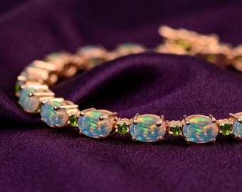 Pulsera de tenis etíope para mujer, chapada en oro de 14k, plata, ópalo de fuego y peridoto. Regalo de aniversario.