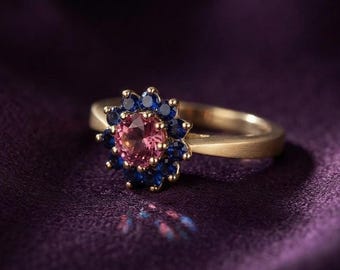 Vintage Inspaired Pink Sapphire Cluster Ring 14K Gold Plated Silver Minimalist Women Anniversary Gift
