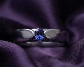 Handmade Oval Blue Sapphire Ring in 14K Gold Plated Silver, Minimalist Everyday Jewelry Gift