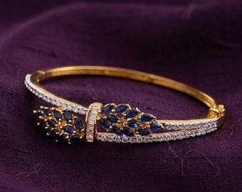 Bracelet jonc floral saphir bleu fait main, bracelet marquise cluster art déco en argent plaqué or 14 carats