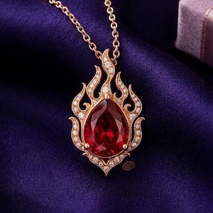 Collier pendentif flamme poire rubis en argent plaqué or 14 carats, cadeau tendance fait main