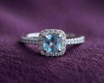 Halo Cushion Aquamarine Engagement Ring 14K Gold Plated Silver Bridal Gift For Her