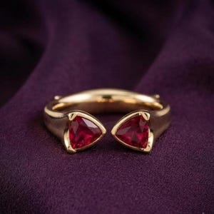Handmade Trillion Cut Red Ruby Open Cuff Ring, 14k gold plated silver Anniversary Gift