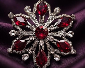 Broche de copo de nieve con rubí de estilo vintage en plata chapada en oro de 14 quilates. Elegante regalo de joyería.