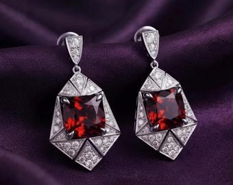Red Garnet Cushion Drop Earrings in 14K Gold Plated Silver, Luxury Statement Jewelry Gift