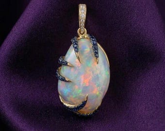 Handmade 14k Gold Plated Silver Ethiopian Opal Pendant with Blue Sapphire Dragon Claw Accents
