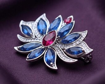 Broche de flor de loto con topacio azul y rubí, joyería de aniversario bañada en oro de 14 quilates.