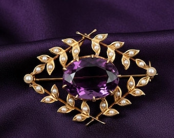 May include: A gold-toned brooch featuring a large, oval-cut purple gemstone at the center. The gemstone is surrounded by a diamond-shaped frame with delicate leaf and pearl accents. The brooch is set against a deep purple background.