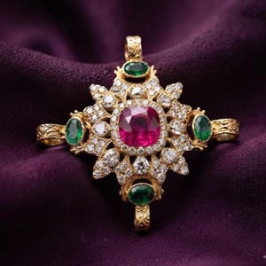 Handmade 14k Gold Plated Silver Ruby And Emerald Statement Brooch Pin, Vintage Style Gift
