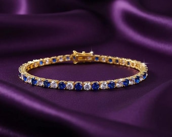 Bracelet de fiançailles tennis femme rond saphir bleu, plaqué or 14 carats argent intemporel
