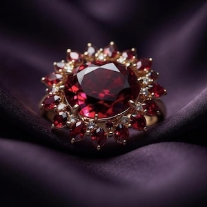 May include: A gold ring featuring a large, round, deep red faceted gemstone at the center, surrounded by a halo of smaller, oval-shaped red gemstones and tiny, clear, sparkling accent stones arranged in a floral-inspired cluster design.
