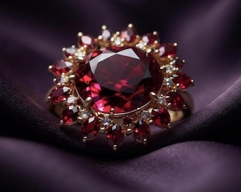 Anillo de lujo con rubí rojo en plata bañada en oro de 14 quilates. Regalo ideal para aniversarios o cumpleaños.