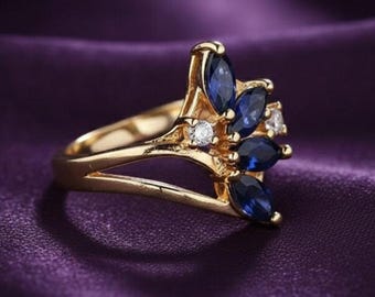 Bague en argent plaqué or 14 carats pour femme avec saphirs marquises délicats, bague cadeau d'anniversaire avec pierres précieuses bleues