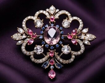 Broche vintage de zafiro rosa y azul, plata chapada en oro de 14k, regalo real victoriano floral