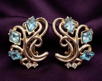 Boucles d'oreilles art vintage bleu aigue-marine pour femmes, plaqué or 14 carats, boucles d'oreilles rétro en filigrane d'argent