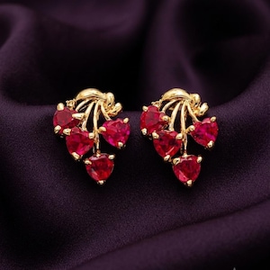 Heart Ruby Earrings In 14k Gold Plated Silver, Dainty Romantic Anniversary Gift For Her