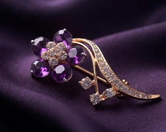 Floral Amethyst Brooch Pin 14K Gold Plated Silver Vintage Gift For Her Statement Jewelry Piece