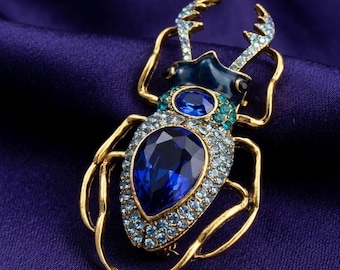 Broche scarabée saphir bleu en argent plaqué or 14 carats, cadeau de bijoux unique scarabée art déco