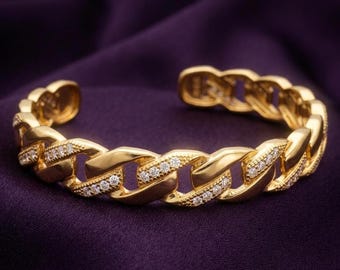 Bracelet manchette à maillons cubains en argent plaqué or 14 carats, cadeau bijoux jonc chaîne diamants pavé