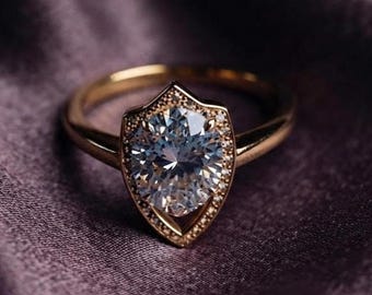 Anillo llamativo de moissanita natural en plata bañada en oro de 14 quilates. Joyería moderna para aniversario. Regalo ideal.
