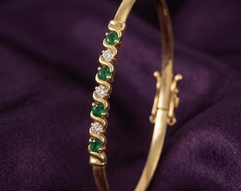 Bracelet jonc fait main en argent plaqué or 14 carats, émeraudes et diamants pour femme, cadeau d'anniversaire