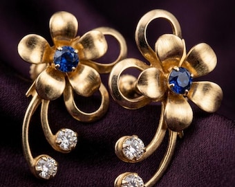 Boucles d'oreilles fleurs élégantes saphir bleu diamant plaqué or 14 carats bijoux floraux inspirés de la nature