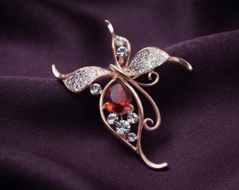 Ruby Floral Brooch in 14K Gold Plated Silver, Elegant Statement Anniversary Jewelry Gift
