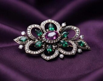 Broche floral de rubíes y esmeraldas de estilo vintage, plata bañada en oro de 14 quilates para ocasiones especiales.