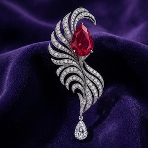 Minimalist 14k Gold Plated Silver Pear Ruby & Diamond Feather Brooch - Art Deco Statement Jewelry