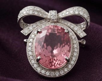 Broche ovalado con lazo de zafiro rosa, chapado en oro de 14 quilates, plata, elegante, vintage, regalo de aniversario