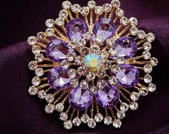 Broche améthyste fleur violette en argent plaqué or 14 carats - cadeau bijoux d'inspiration vintage