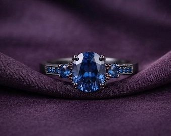 Oval Sapphire Ring 14K Gold Plated Silver Vintage Statement Anniversary Gift For Her