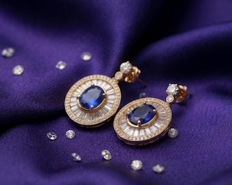 Pendientes colgantes ovalados de zafiro azul en plata bañada en oro de 14 quilates, regalo atemporal de glamour vintage.