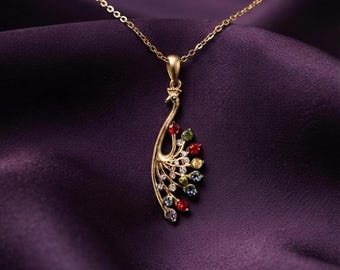 Peacock Pendant Necklace 14K Gold Plated Silver Colorful Gemstone Jewelry Elegant Gift For Her