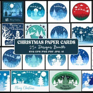 May include: A collection of Christmas paper card designs in various shades of blue and white. The designs feature winter scenes with trees, snowmen, and Santa Claus. Text on the cards includes "Merry Christmas" and "Happy New Year 2025".