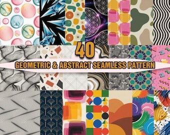 May include: A collage of 40 geometric and abstract seamless patterns. The patterns feature various shapes, colors, and designs, including circles, diamonds, and organic forms. The image includes text that reads "40 Geometric & Abstract Seamless Pattern."