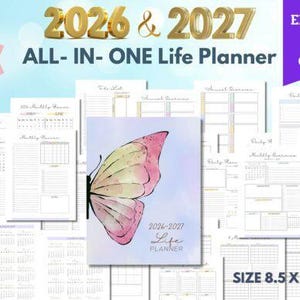 May include: A life planner for 2026 and 2027 with 126 pages. The cover features a watercolor butterfly design. The planner is 8.5 x 11 inches and is editable on Canva.