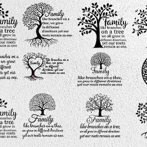 May include: A collection of black tree designs with the word "Family" and a quote about family unity. The trees vary in style, including heart-shaped and circular designs, all on a textured white background.